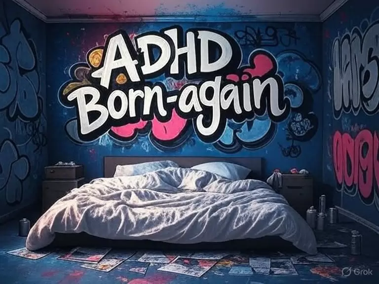 a bed with a white blanket and a blue wall with graffiti on it