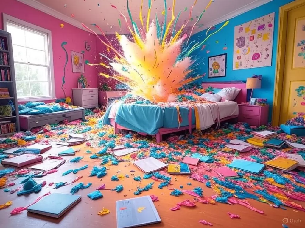 a room full of colorful confetti
