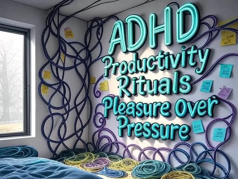 ADHD PRoductivity Rituals Pleasure over Pressure on the wall of a messy ADHD Neurodiverse bedroom