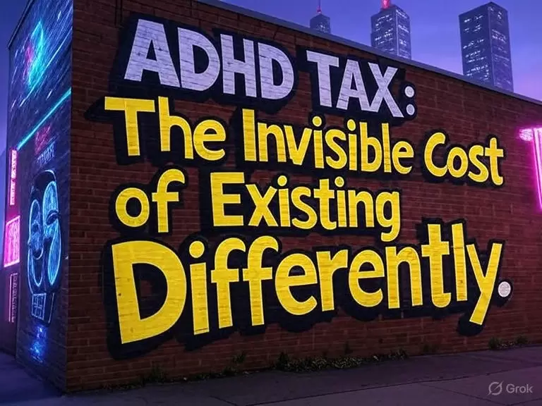 a brick wall with yellow and blue text with the sign ADHD tax: the invisible costs of existing differntly
