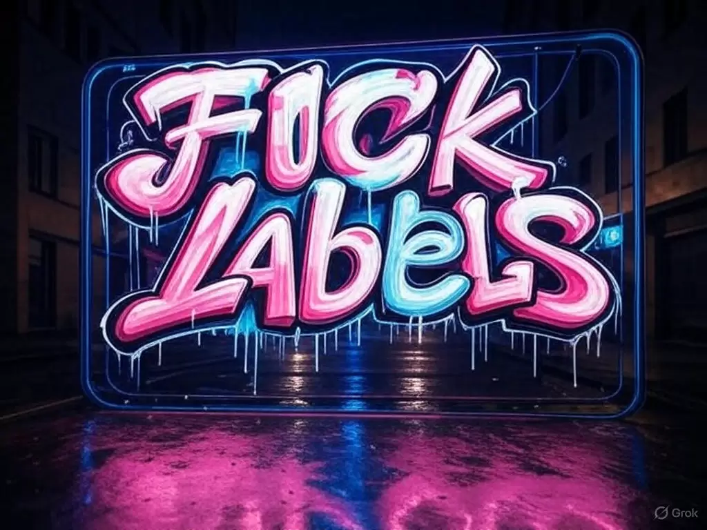a neon sign with white and blue letters. ADHDers ahte labels