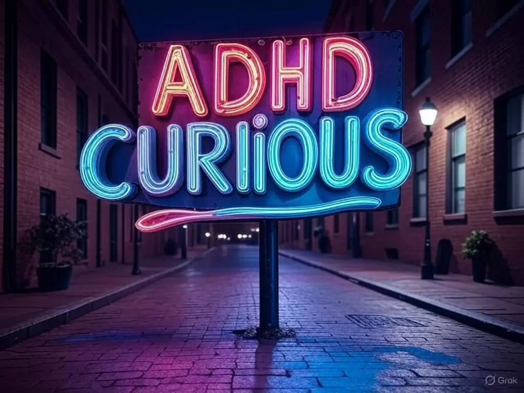 a sign on a sidewalk with neon words ADHD Curious