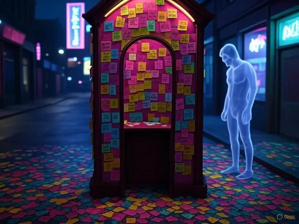 a person standing in front of a small booth with post-it notes