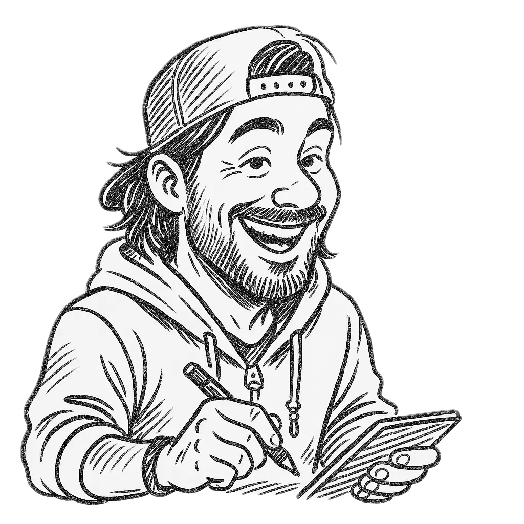 a cartoon of a man holding a pen and a phone