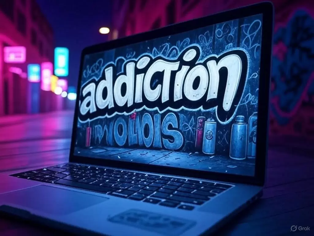 a laptop on a table with word addiction on screen ADHD, Porn, and the Shame Loop That Isn’t Addiction