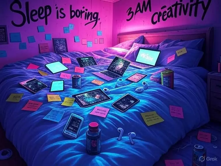 a bed with laptops and other devices ADHD Sleep life