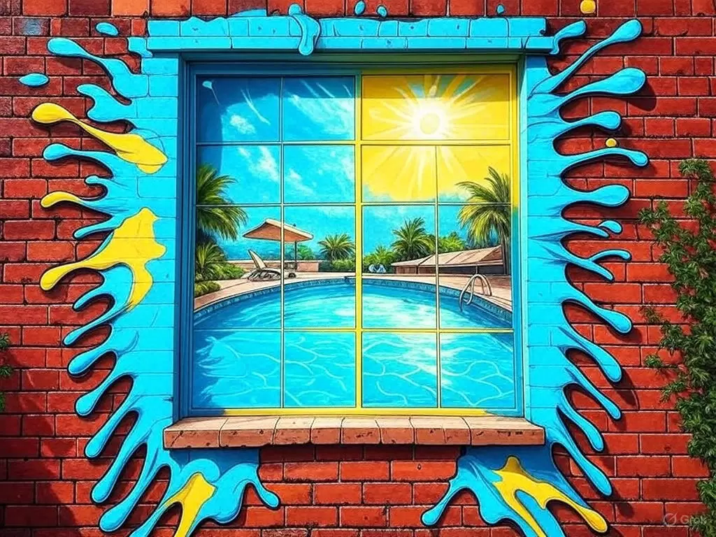 Window splash art with the view of swimming pool and sun explaining the voyeur kink visual in a graffiti art style