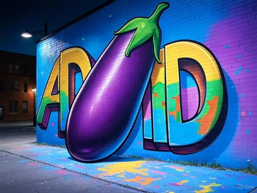 a mural of a purple eggplant on a brick wall erotic reclamation for slow arousal and soft build kink