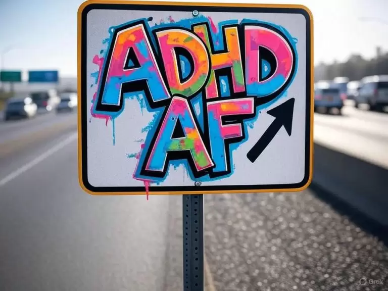 a sign with graffiti on it ADHD af as neurocurious focuses on unmasking adhd thru lived experiences 