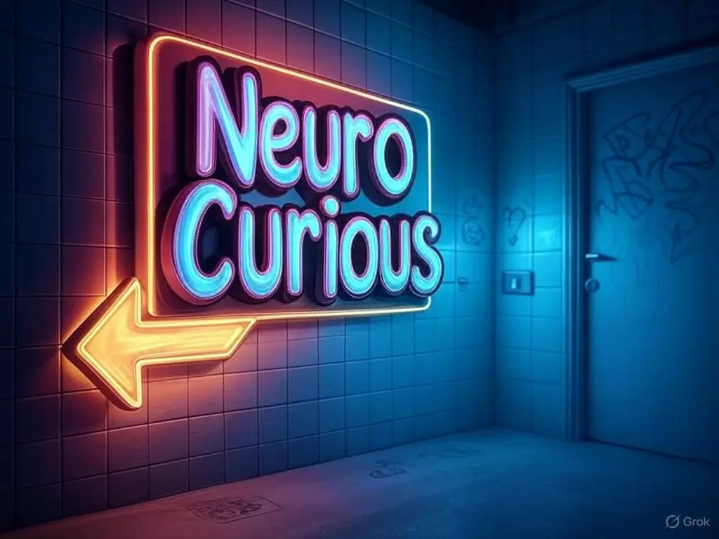 a neon sign in a room with the words Neurocurious blog for Playground Vault