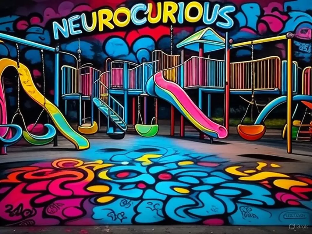 a colorful playground with a colorful graffiti. Representing Neurocurious the ADHD playground, unmasking ADHD Neurodiverse sexuality