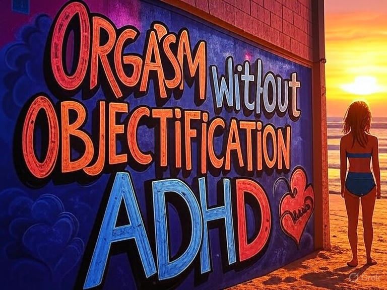 “graffiti style quote art about ADHD kink and orgasm without objectification”