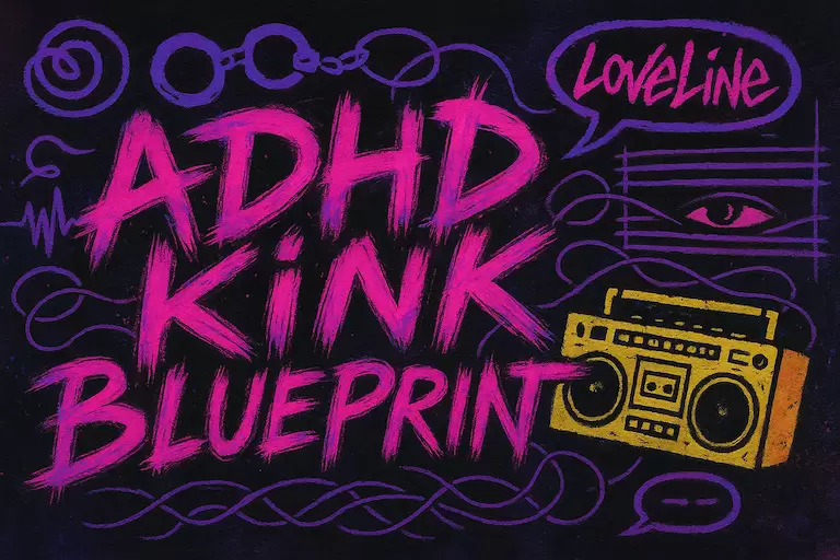 ADHD Kink bluerpint with yellow boombox and loveline nostalgia sex call in radio show from the 1990s
