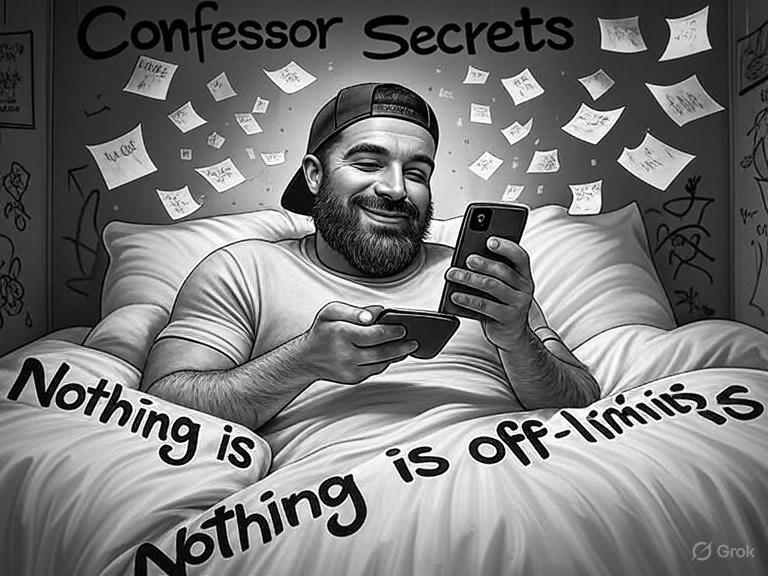 Confessor Secrets as Confessor sits on the bed exploring his kink and texting with his adhd